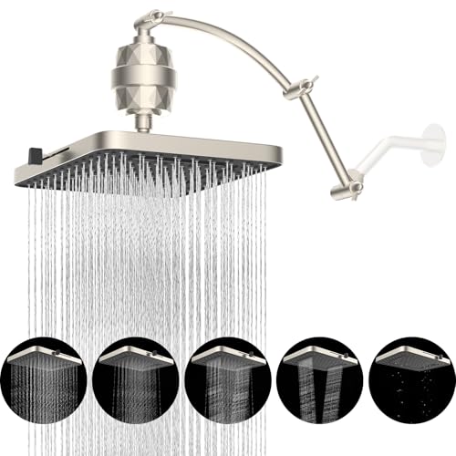 Hibbent Rain Filtered Shower Head, 13'' High Pressure Rainfall 5 Modes Showerhead with 16" Shower Head Extension Arm, Solid Brass Adjustable Shower Arm Extender, 20 Stage Shower Filter, Brus