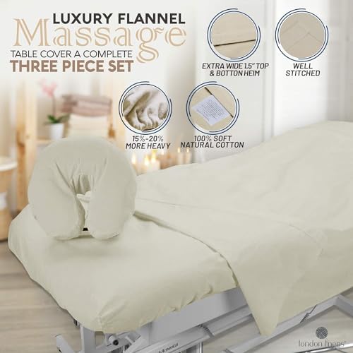 LONDON LINENS Pack of 2 Extra Thick 3 Piece Massage Table Sheets Set - 100% Natural Cotton Flannel - Includes Massage Table Cover, Massage Fitted Sheet, and Massage Face Rest Cover (Natural)