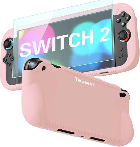 Teyomi Funda protectora de silicona compatible con Nintendo Switch 2, Carcasa para Nintendo Switch 2 con protector de pantalla de vidrio templado, Estuche con agarre ergonómico (Rosa)
