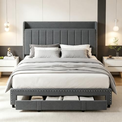 Image of Klippehop King Bed Frame with Storage Drawer, Linen Upholstered Bed, Grey