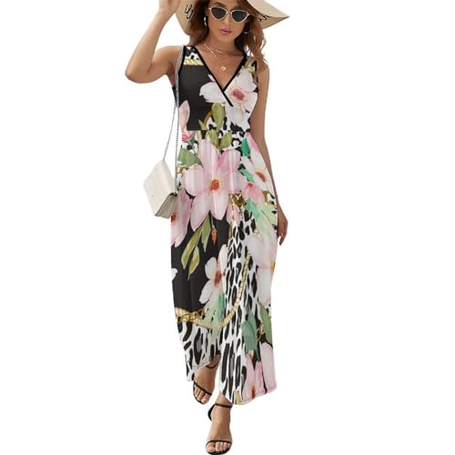 Robe de plage col V léopard | Robe maxi longue d'été fluide et décontractée pour femme