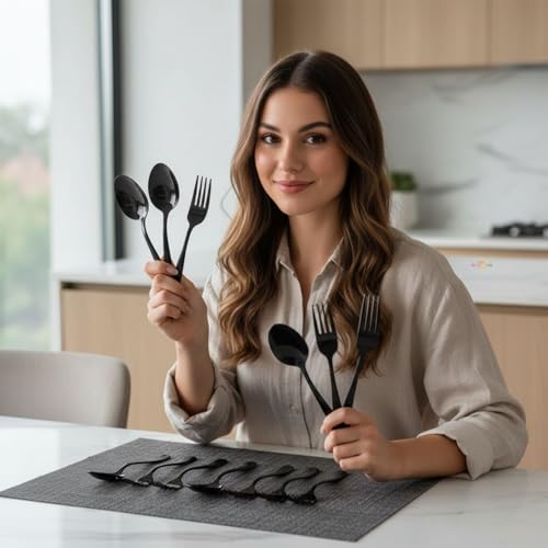 Image of 12-Pcs. Black Cutlery Set - Modern Stainless Steel Flatware Service for 6 with 6 Dinner Spoons & 6 Dinner Forks - Titanium PVD Coated Mirror Finish - Dishwasher Safe Black Silverware