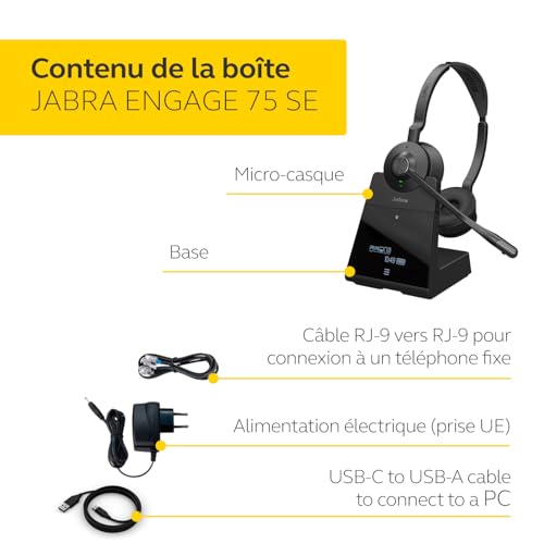 Jabra Engage 75 SE Casque stéréo sans Fil Appels Professionnels, sécurité DECT, portée de 150 m, USB-C à USB-A avec Microphone antibruit avancé, Comprend Une Base, des câbles - Noir