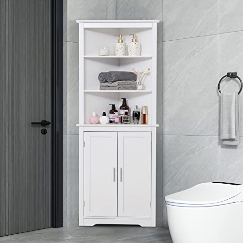 Usikey 63.7“H Tall Corner Cabinet, Corner Storage Cabinet With 2 Doors And 3 Shelves, Freestanding Corner Bathroom Cabinet For Bedroom, Living Room, Kitchen, White #TOP1