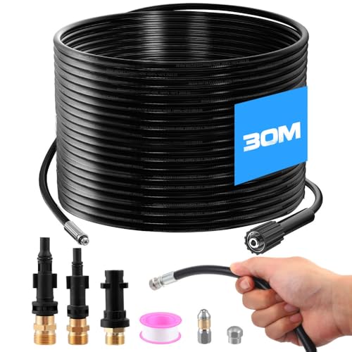 30m Tuyau Déboucheur Canalisation, Furet Deboucheur Canalisation 400 Bar/5800 PSI avec 3 Adaptateurs, 2 Buses et 1 Ruban Téflon, Compatible Kärcher K2-K7, Lavor, Bosch, Parkside pour Usage Domestique
