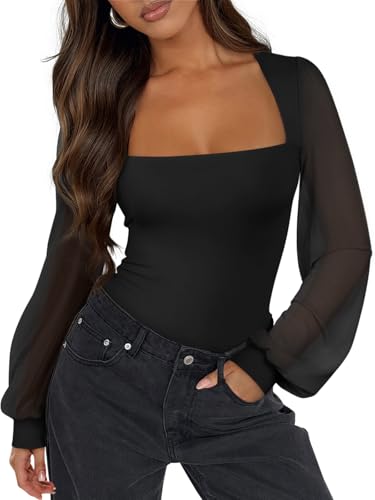 PINKMSTYLE Women's Long Sleeve Square Neck Bodysuit