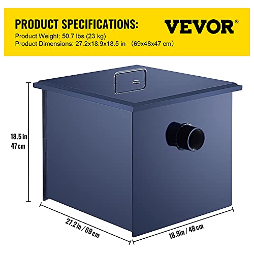 VEVOR Commercial Grease Interceptor 50 LB, Carbon Steel Grease Trap 25 GPM, Grease Interceptor Trap with Side Water Inlet, Under Sink Grease Trap for Restaurant Canteen Factory Home Kitchen