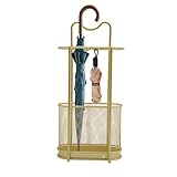 Duoruameng Paragüero de metal, soporte para sombrilla moderno con gancho y bandeja de goteo, 30 x 15 x 60 cm (dorado)