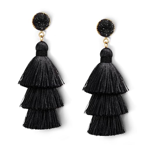 Me&Hz Black Tassel Earrings for Women Dangling Layered Fringe Long Tassel Dangle Earrings for Women Bohemian Boho Statement Vintage Big Black and Gold Earring Jewelry