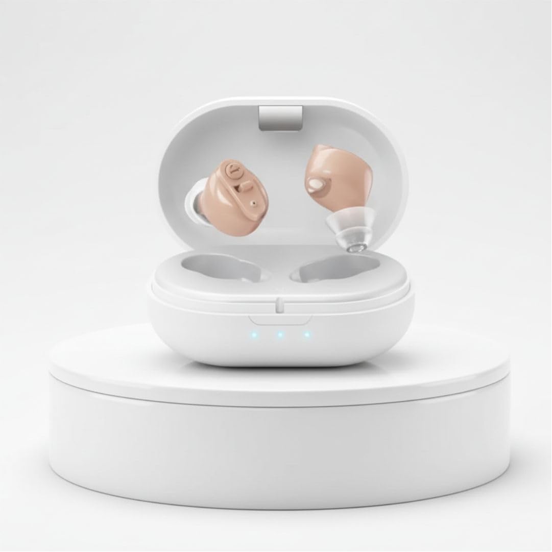 Aika AG-7901 Mini Rechargeable CIC Digital Hearing Aid Sound Amplifier Machine for Old age with Auto Noise Cancellation, Clear Sound and Dry Kit (For Both Ear, Beige)