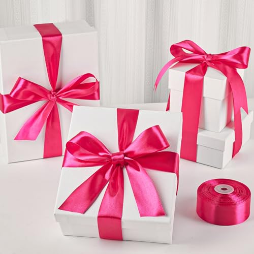 Image of Mauproy 1-1 /2 Inch Wide Hot Pink Satin Ribbon, 50 Yards Solid Polyester Fabric Ribbon for Roses Making, Gift Wrapping, Flower Bouquets, Wedding Decorations, Handemade Crafts