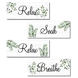 FEXICHUJI 4pcs Sage Green Bathroom Wall Decor, Wooden Hanging Sign, Relax Soak Unwind Breathe Wall Art, Fresh & Stylish for Bathroom & Living Room