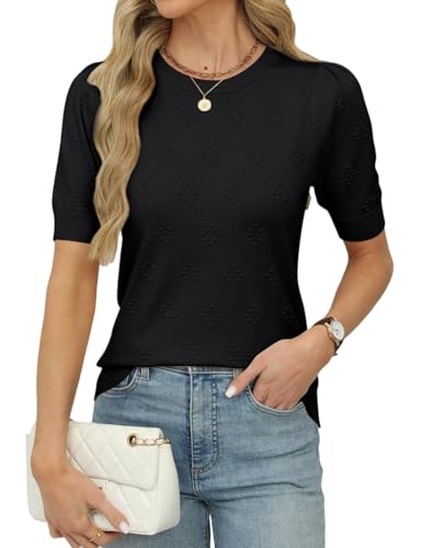 Image of VIMPUNEC Womens Trendy Casual Knit Sweater Summer Crochet Pullover Tops Puff Short Sleeve Shirts Blouses Black XL