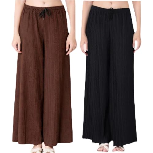 Image of Women Solid Wide Leg Palazzo Pants | Elastic Waist Drawstring Lounge Palazzo Trousers | Casual Comfortable Palazzo for Women & Girls (Pack of 2 Brown- Black