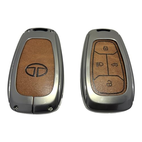Image of Zinc Metal Alloy Leather Car Key Cover & Case Brown with Keychain & Holder fit for TATA Nexon, Punch, Altroz, Tigor, Harrier, Safari, Gravitas (4 Button Push Smart Key)