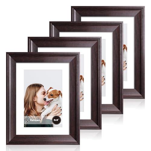 Image of iRahmen 6x8 Vintage Picture Frame with Mat 4x6 - High Definition Real Glass Wooden Photo Frames for Tabletop Display and Wall Mounting (Dark Brown, Set of 4)