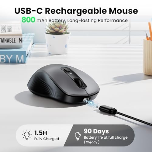 Image of TECKNET Rechargeable Bluetooth Mouse, [ USB + BT5.0 + BT3.0 ] Wireless Mouse, Ergonomic Design, Silent Click, 6-Level 4800 DPI Wireless Mice, 3-Device Switching for Laptop, Computer, MacBook（Grey）