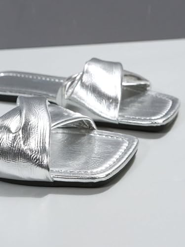 GORGLITTER Women's Silver Sandals Criss Cross Slip on Sandals Square Toe 2025 Trendy Vacation Sandals3