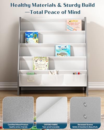 Image of SEIRIONE Sturdy Kids Bookshelf, 4-Tier Book Shelf for Kids Room with Oxford Fabric-Nursery Room Playroom Classroom, Deep Slings to Keep Books Upright, Ideal Height for Toddler Age 3+, Grey