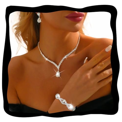 Fashband Ensemble de bijoux en argent avec strass, collier de mariée, accessoires pour femmes, Misura unica, Perle synthétique, Pas de gemme