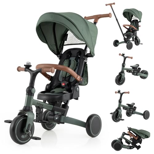 INFANS 9-in-1 Foldable Toddlers Tricycle, Converts Stroller to Balance Bike with Adjustable Push Handle, Canopy & Backrest, Pedal Conversion, Retractable Rear Wheels for 1-6 Years (Green)