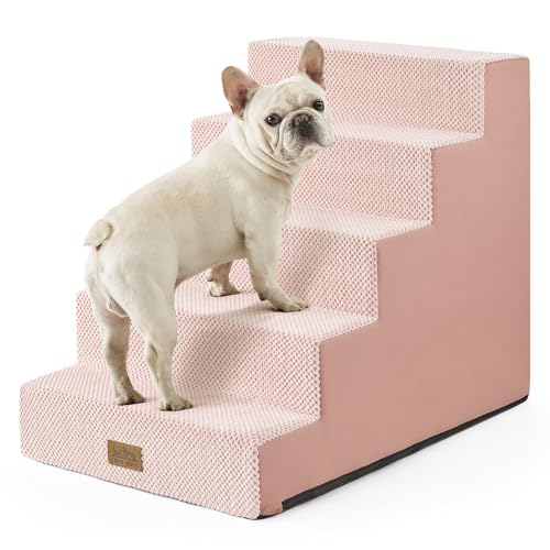 Image of COZY KISS Dog Stairs for Small Dogs 5-Step, 19.7 inch Extra Wide Right-Angle Pet Stairs for Couch and Beds, Anti-Slip Dog Steps for Old Cats and Lowrider, 19.7x29.5x23.6 inch, Pink