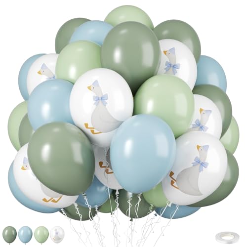 Image of Goose Balloons, 12 Inch Blue Green Goose Print Balloons for Farm Baby Shower Birthday Party Spring Supplies