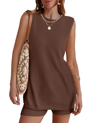 NENONA Women's Summer Sleeveless Sweater Sets Casual Knit Tunic Tops and Shorts 2 Piece Outfits,Mocha,L