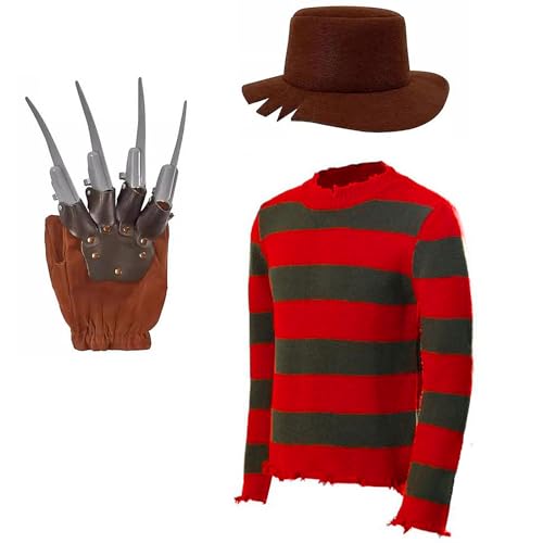 Freddy Krüger   Conjunto de disfraz de suéter para adultos con sombrero, guante verde y rojo, suéter a rayas, película de terror espeluznante, disfraz de Halloween y cosplay (XL)