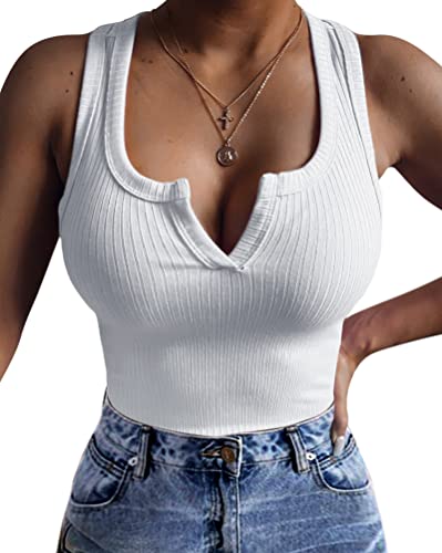 ORANDESIGNE Top Femme Chic Et Élégant Col en V Débardeur Court Sexy Haut sans Manche Bustier Crop Top Tee Shirt Débardeur Côtelé Épaules Dénudées Blouse Chemisier Blanc S