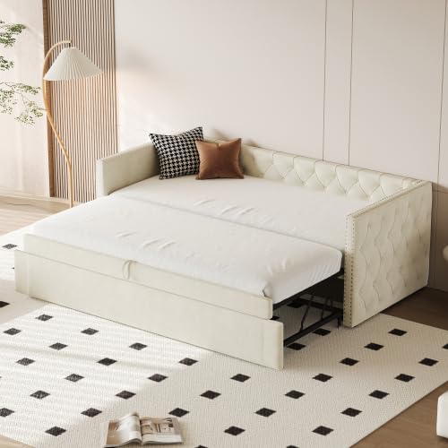 dowowdo Cama tapizada de 90 x 200 cm, 90 x 200 cm, cama de invitados con somier, diván y sofá en uno, alta capacidad de carga 300 kg, color beige