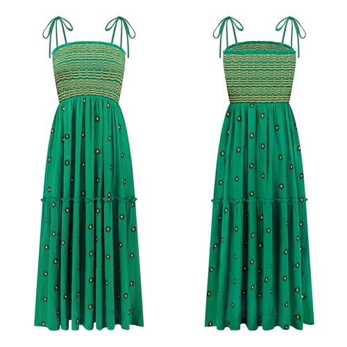 Image of R.Vivimos Womens Summer Cotton Boho Midi Dress 2026 Spaghetti Strap Floral Embroidered Smocked Tiered Flowy Long Dresses