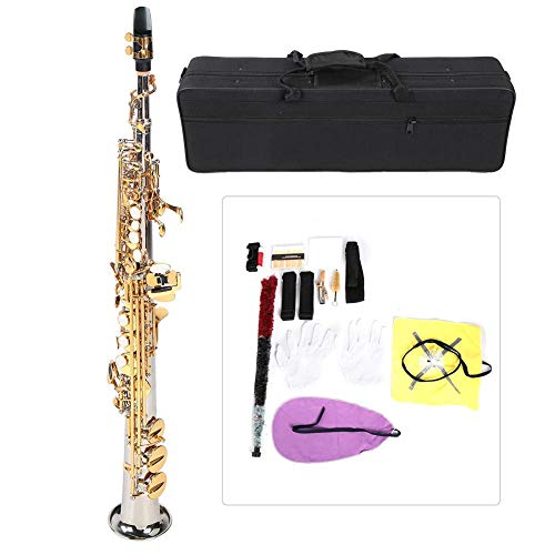 Soprano Straight Saxophone, Professional Brass Silver Plated Tube Gold Key Sax, High Sensitivity and Accurate Sound Saxophone with Carrying Bag for Professional and Home Use