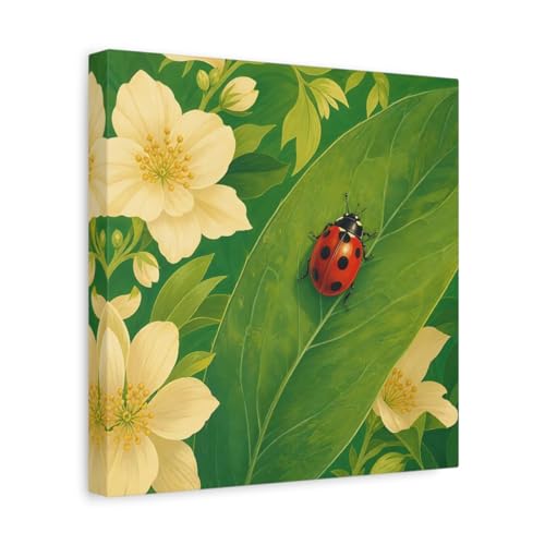 Toile coccinelle salon tableau carré nature rouge vert 30x30