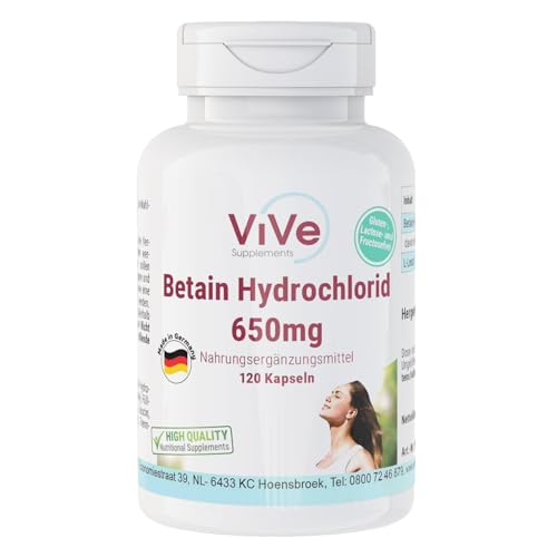 Betain Hydrochlorid 650 mg - 120 Kapseln für 1 Monat - 76% Betain- hochdosiert und vegan | Qualität aus Deutschland von ViVe Supplements
