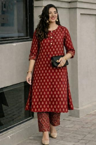 Image of ANNI Designer Kurta Set for Women Viscose Printed | Kurti Set for Woman | Kurta Pant Set | 2 Piece Set Women | Mandarin Neck 3 /4 Sleeve Regular Fit Stylish Ethnic Outfit Clothing