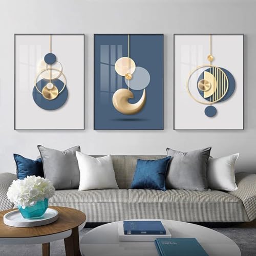 Image of ZBELLO Set of 3 Modern Wall Art Paintings Gold Blue Abstract Graphics Posters Nordic Minimalist Canvas Painting Wall Picture for Living Office Room Decor-No Frame (50×70 cm)