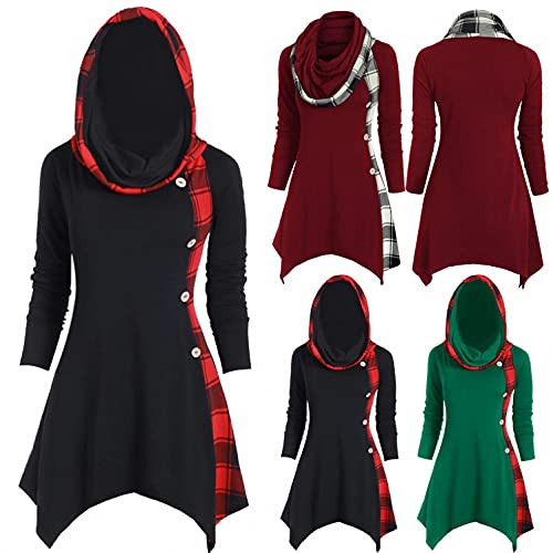 Briskorry Gothic kleding dames lange mouwen hoodie punk pullover stapelkraag tops bovenstuk raster patchwork capuchontrui knopen onregelmatig sweatshirt lange mouwen - Image 3