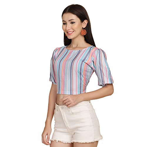 Image of Leriya Fashion Women Striped Top with Half Sleeves for Office Wear, Casual Wear Both Use to Western Top & Saree for Blouse