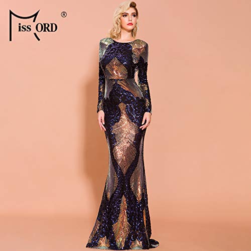 Miss ord Women Long Sleeve Backless Sequin Gown Female Maxi Elegant Dress Multi L