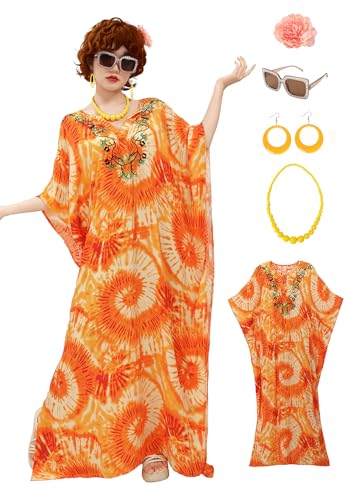 PROCOS Kaftan Dresses for Women Cover-Up Maxi Beach Floral Printed Dress with Necklace Earrings Eyeglasses Halloween Costume