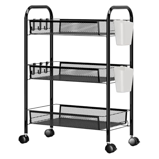 3-Tier Snack Cart with Wheels, Stackable Fruit Stand for Kitchen Floor, Metal Wire Storage Basket Organizer, Bathroom Cart with Mesh Basket for Fruit and Snacks (Black)-0Ps9P1Ll