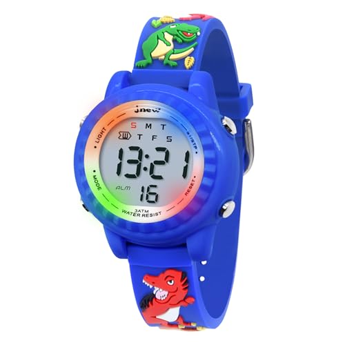 HMJIA Orologio da polso 3D, per bambini, ragazzi e ragazze, impermeabile fino a 3 ATM, con sveglia/data/cronometro/LED (LED Dinosauro Blu)