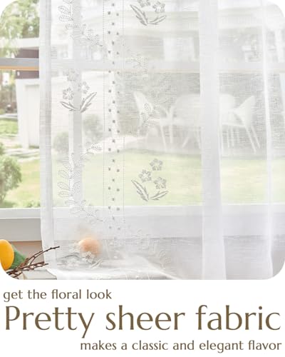 Image of jinchan Floral Linen Curtains, Back Tab 50x84 Inch, 2 Panels White