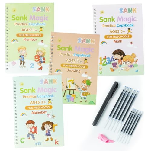 MaajeeKuto Magische Übungshefte mit Spurrillen - DIN-A5-4 Schreib-Lernhefte plus Stift, 10 Nachfüllpatronen, Haltehilfe - Schreiben, Malen & Rechnen lernen