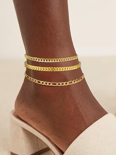 Image of Silver Ankle Bracelets for Women Waterproof Stainless Steel Anklet Adjustable Layered Cuban Silver Anklets Set Summer Beach Foot Jewelry Gift