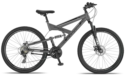 Licorne Bike Strong 2D Premium Mountainbike in 26, 27.5 und 29 Zoll Fahrrad für Jungen Mädchen Damen und Herren Scheibenbremse vorne und hinten 21 Gang Schaltung Vollfederung (27.5 Zoll, Anthrazit)