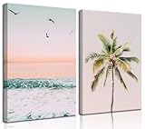 2Pcs Framed Pastel Beach Wall Art Tropical Palm Tree Canvas Posters Prints Coastal Ocean Wall Decor Pictures Summer Beach Theme Bedroom Living Room Decoration, 12x16 Inch