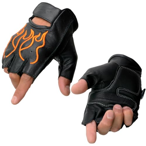 Image of Milwaukee Leather SH198 Men's Black Flame Embroidered Fingerless Gloves with Gel Palm | Padded Comfort; Vibration Relief; Flame Embroidery