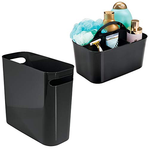 Mdesign 2 Piece Combo - Plastic Trash Can & Bathroom Caddy - For Bathroom - Store And Organize Bathroom - Divided Basket Bin With Handle For Bathroom - Set Of 2 - Black #TOP9